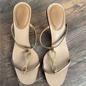 Gucci Gold-Tone Leather T-Strap Sandals